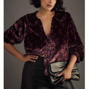 Anthropologie Keira Collared Button Down Velvet Blouse NWT